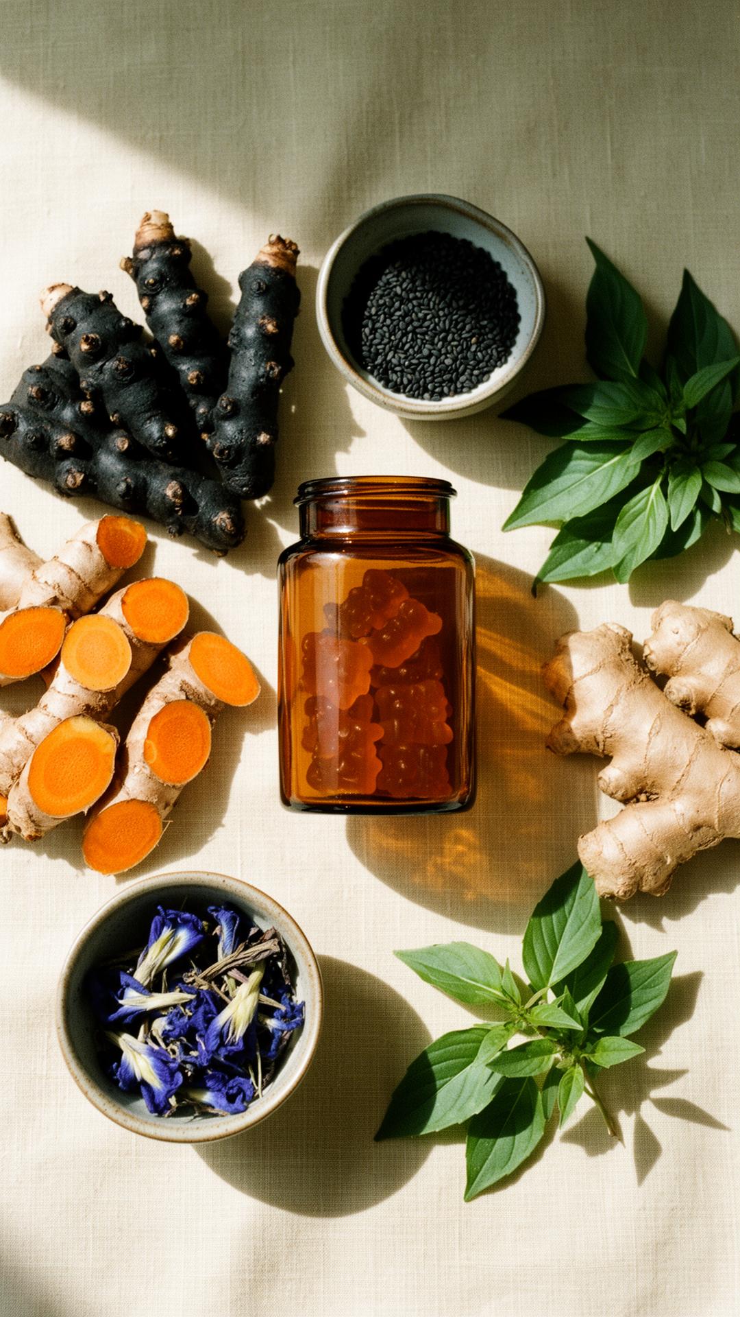 Thai botanical ingredients with a jar of herbal gummies